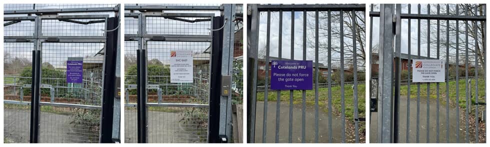 A collage of the saffron valley collegiate gate signage.